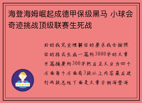 海登海姆崛起成德甲保级黑马 小球会奇迹挑战顶级联赛生死战