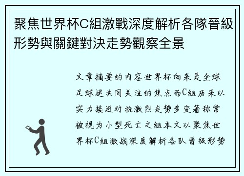 聚焦世界杯C組激戰深度解析各隊晉級形勢與關鍵對決走勢觀察全景 聚焦世界杯C組激戰深度解析各隊晉級形勢與關鍵對決走勢觀察全景