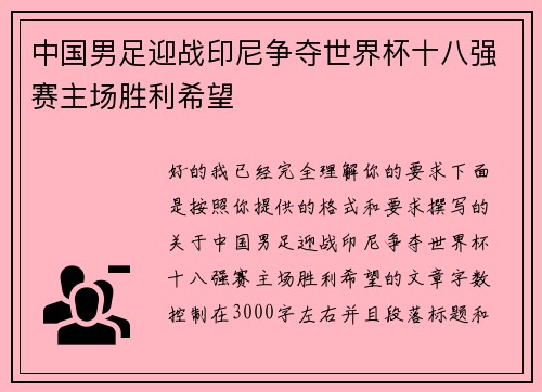 中国男足迎战印尼争夺世界杯十八强赛主场胜利希望