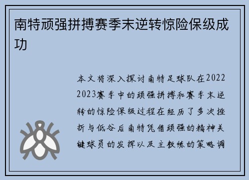 南特顽强拼搏赛季末逆转惊险保级成功 南特顽强拼搏赛季末逆转惊险保级成功